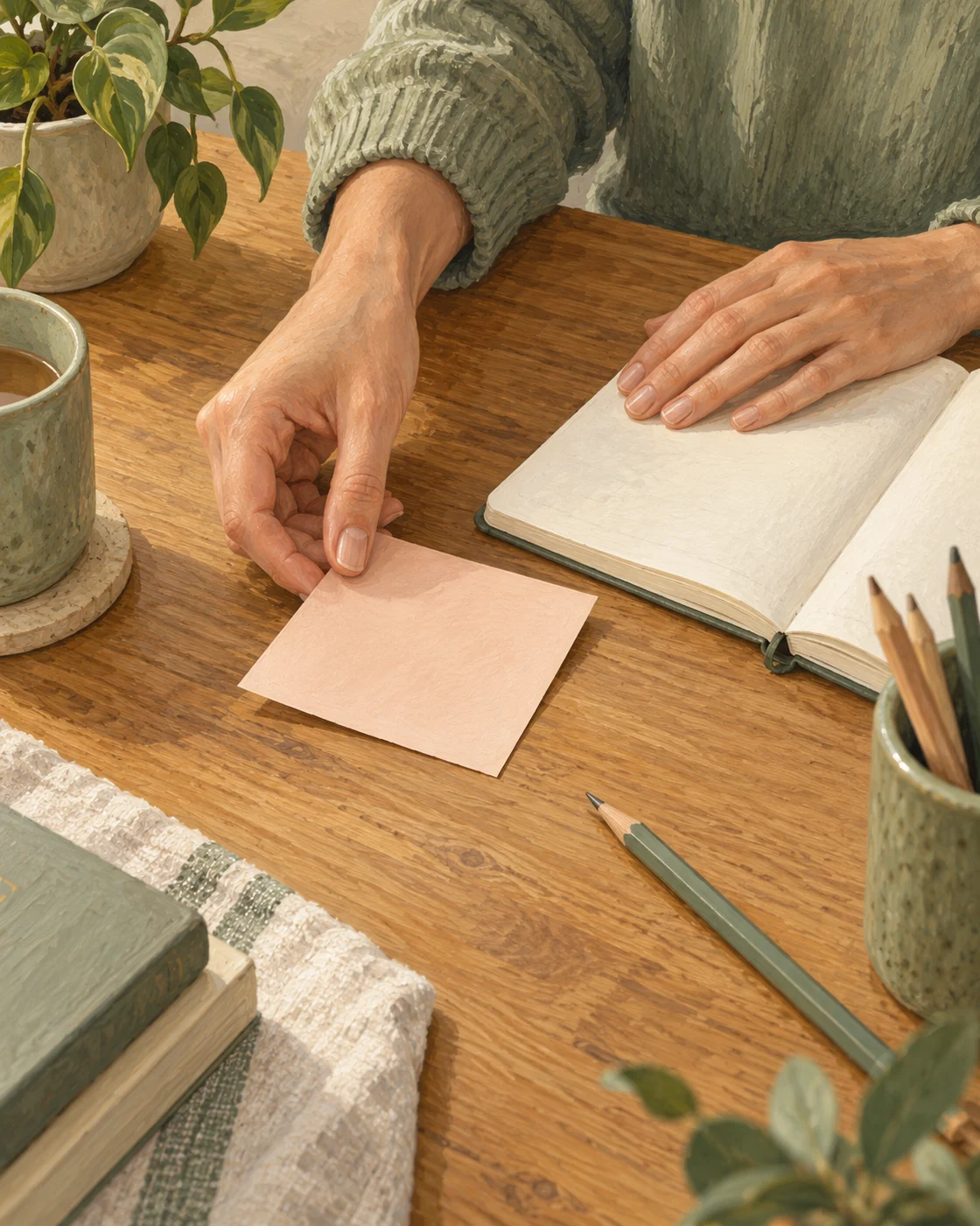 Illustration of hands placing a note beside an open notebook.