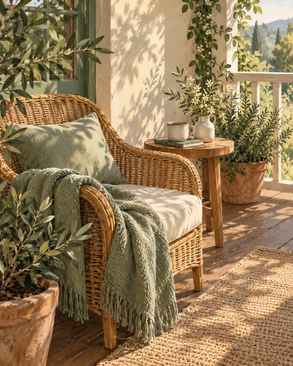 Illustration of a woven porch chair in soft afternoon light.
