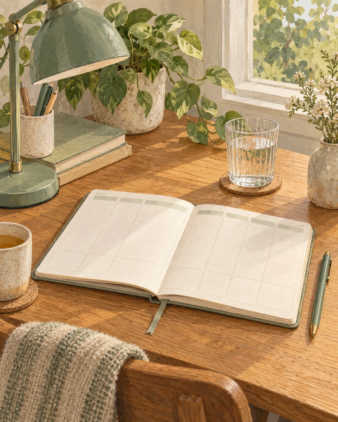 Illustration of a weekly planner and reading lamp on a quiet desk.