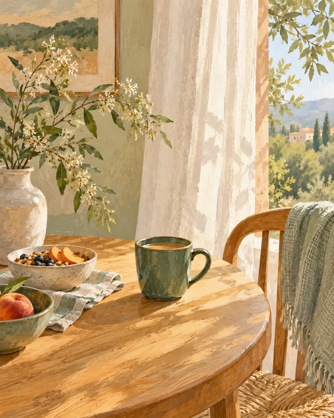Illustration of morning light falling across a quiet breakfast table.