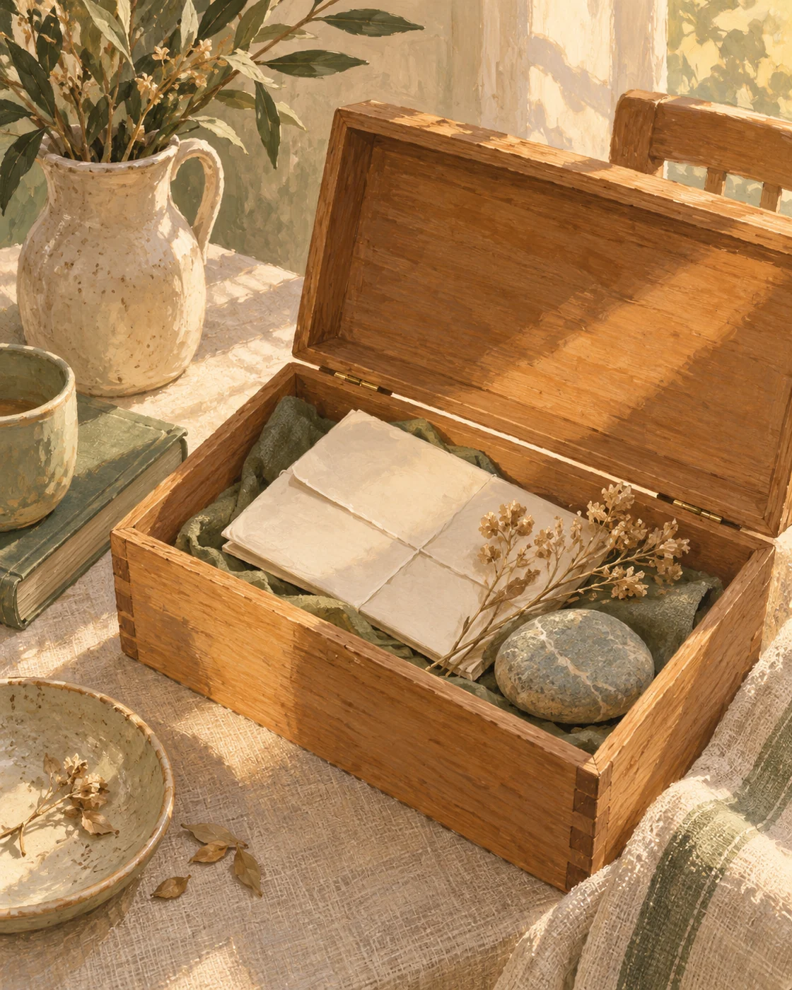 Illustration of a memory box, folded letter and small keepsake.