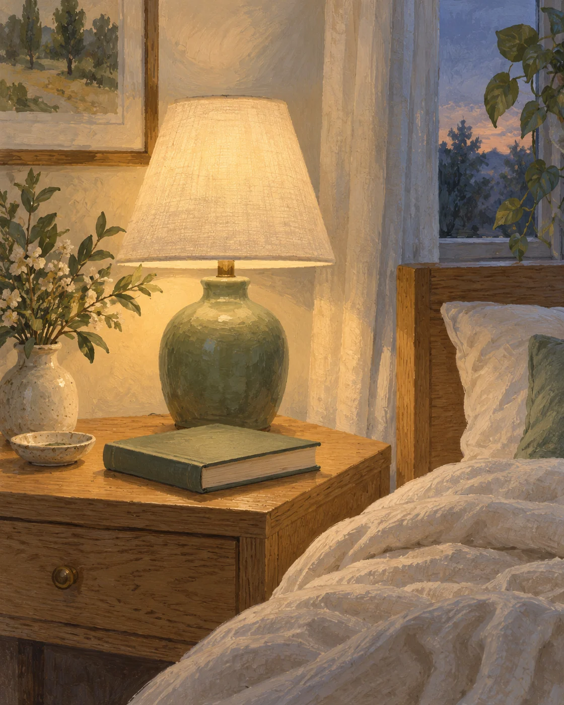 Illustration of a bedside lamp, closed book and soft linen at dusk.