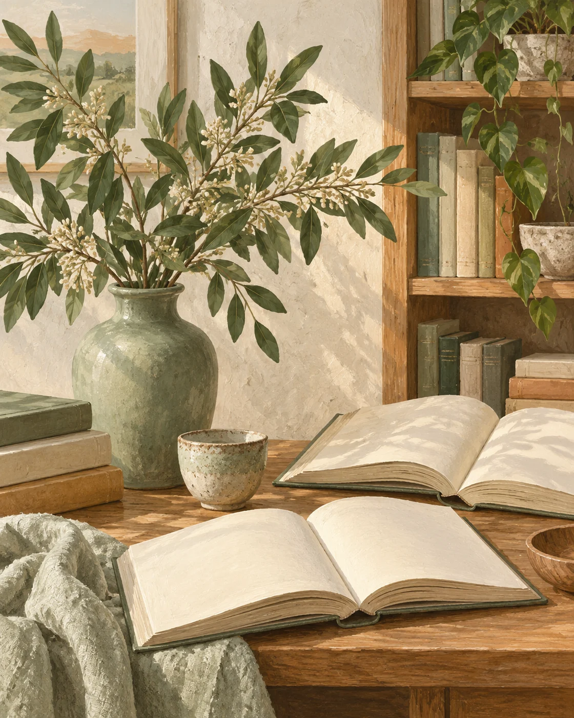 Illustration of open books and leafy branches in a sage vase on a wooden shelf.