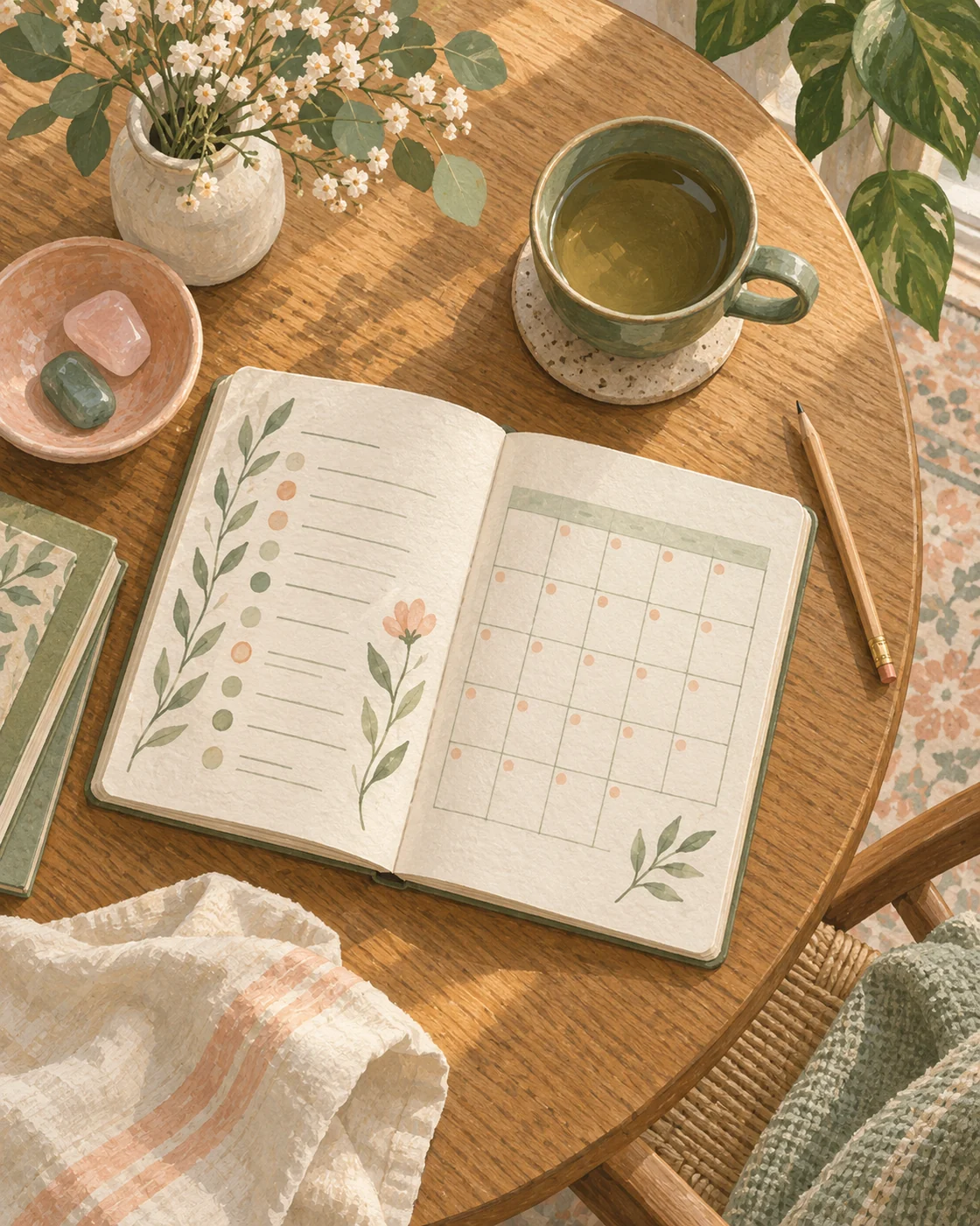 Illustration of a symptom journal and calendar beside a green ceramic cup.