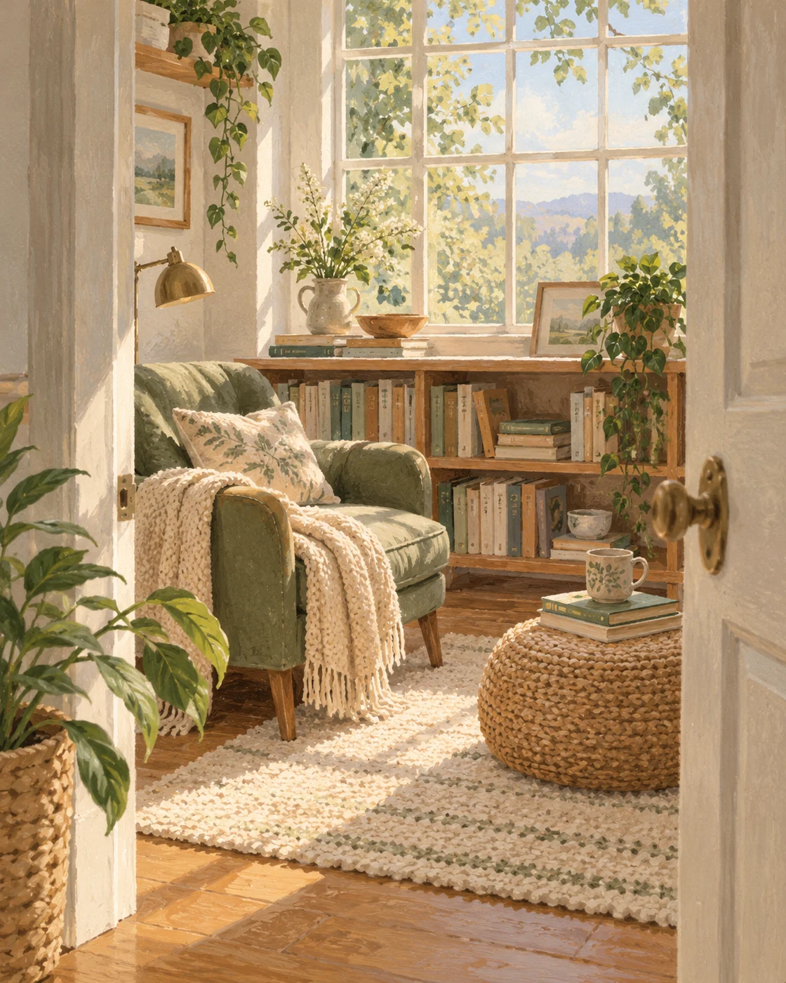 Illustration of a sheltered reading alcove with a rug and leafy plant.