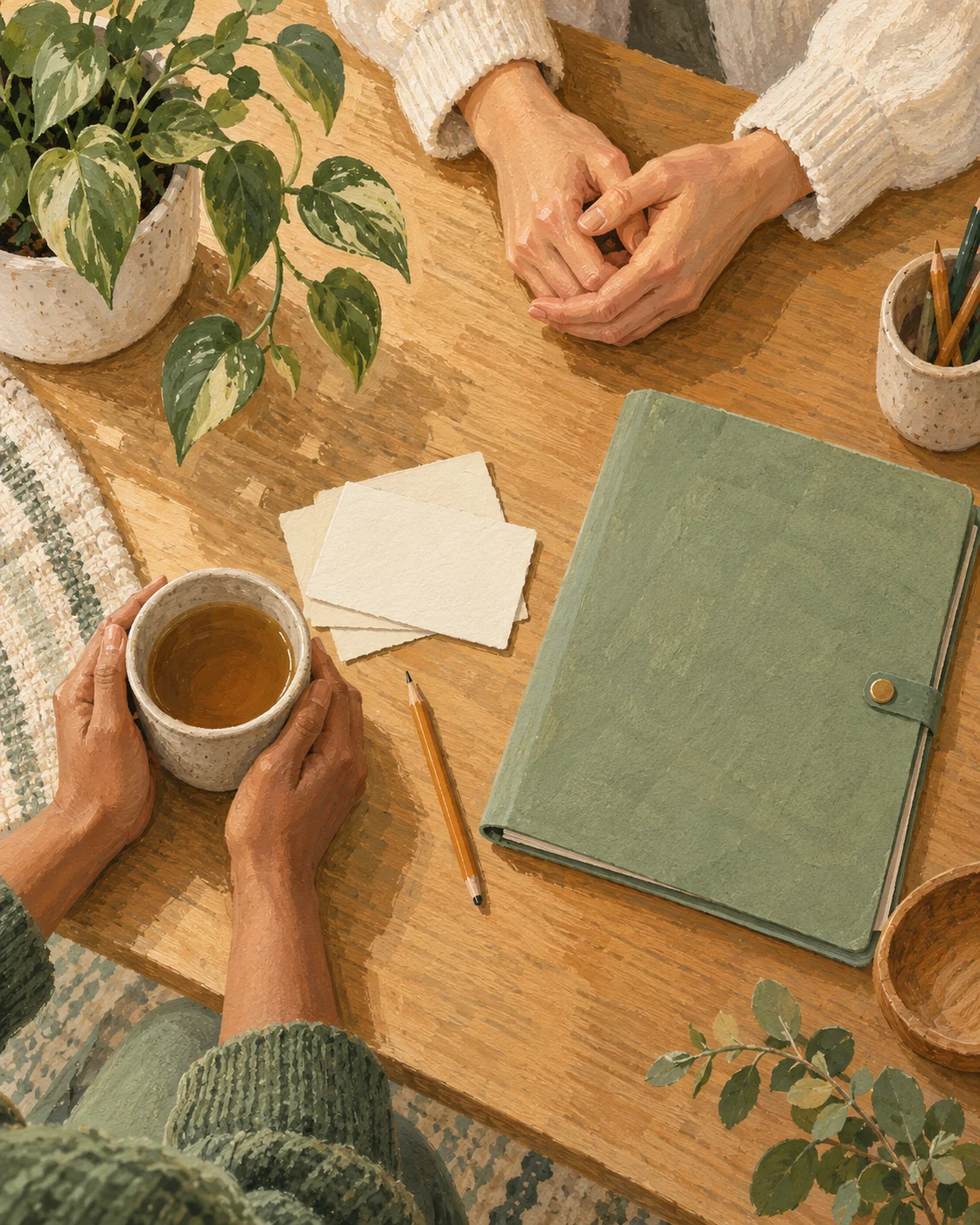 Illustration of hands around a consultation table with notes and a closed folder.