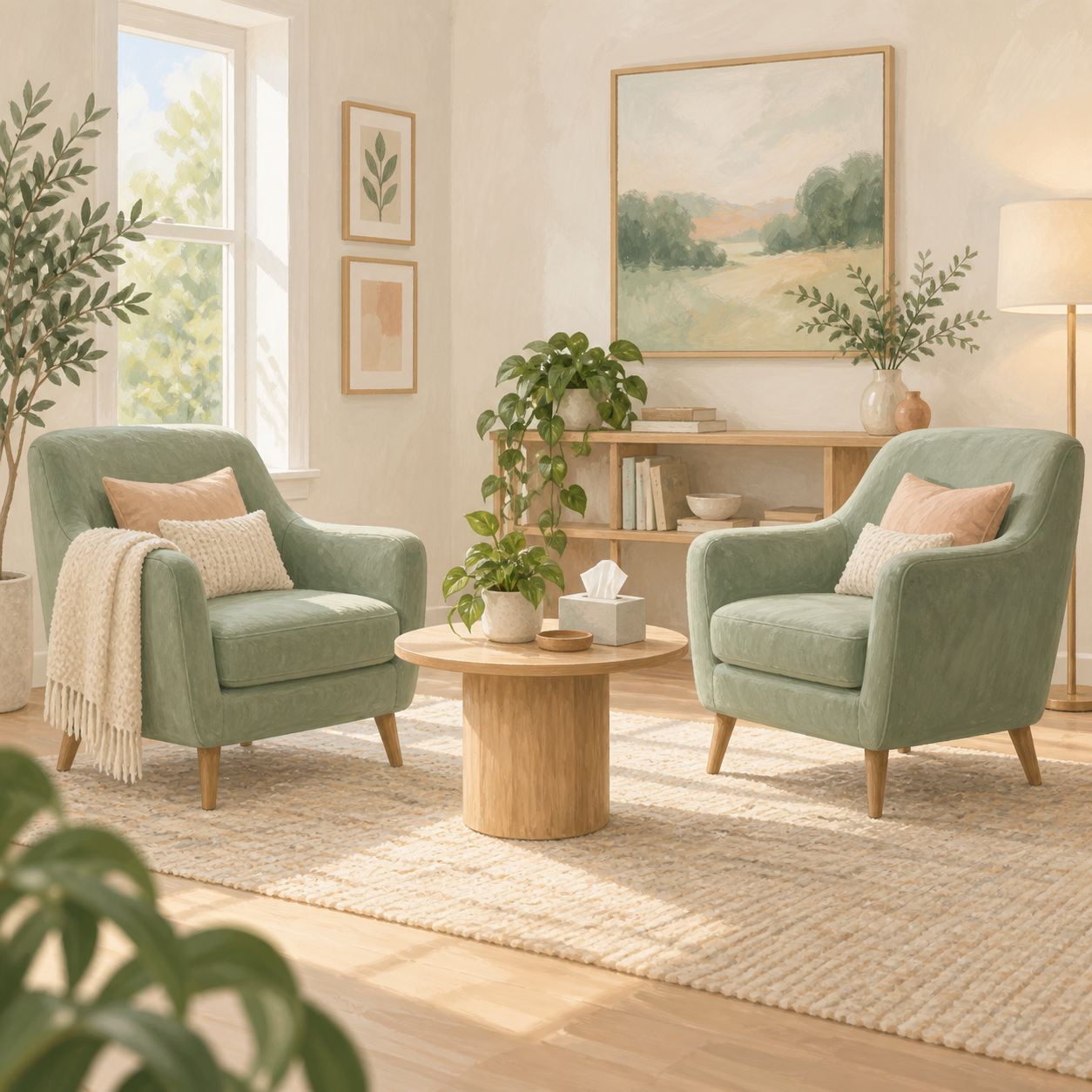 Illustration of a welcoming room with two sage armchairs and soft daylight